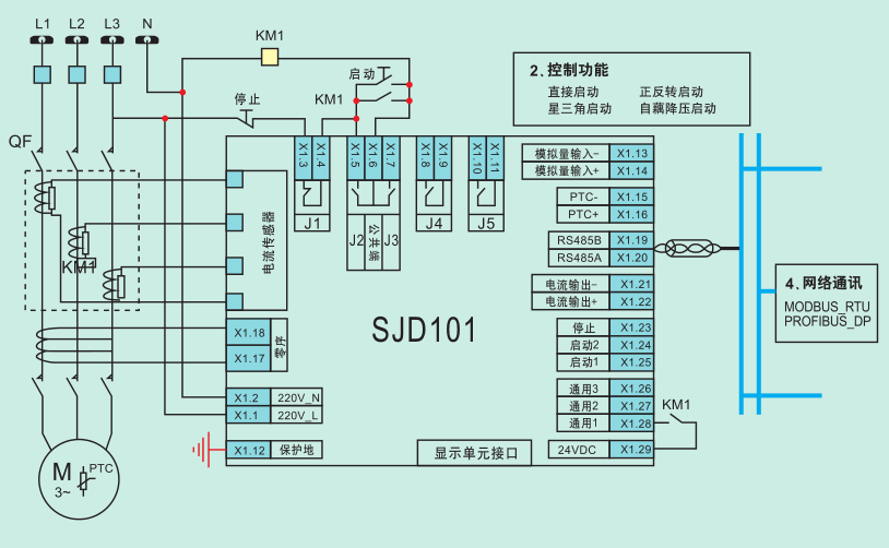 SJ101電動(dòng)機(jī)保護(hù)裝置接線原理圖